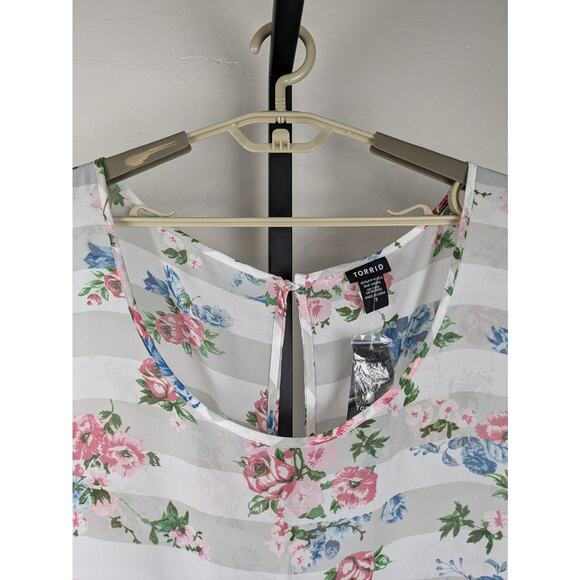 Torrid Striped Floral Sheer Button Back Top white gray pink blue - Picture 5 of 7